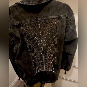 The Kooples Oversized Gray/Black Denim Moto Jacket with embellished back size M